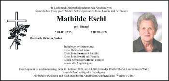 Traueranzeige von Mathilde Eschl von Mittelbayerische Zeitung Regensburg