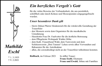 Traueranzeige von Mathilde Eschl von Bayerwald Echo