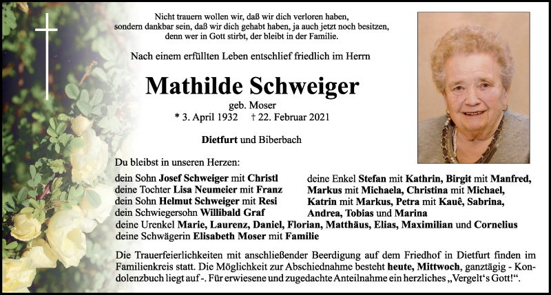  Traueranzeige für Mathilde Schweiger vom 24.02.2021 aus Neumarkter Tagblatt