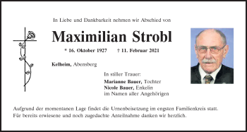 Traueranzeige von Maximilian Strobl von Mittelbayerische Zeitung Kelheim