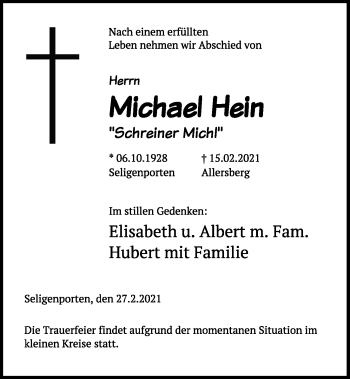 Traueranzeige von Michael Hein von Neumarkter Tagblatt