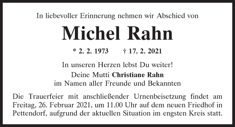  Traueranzeige für Michel Rahn vom 20.02.2021 aus Mittelbayerische Zeitung Regensburg
