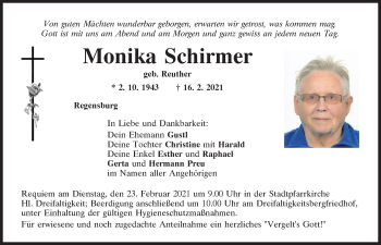 Traueranzeige von Monika Schirmer von Mittelbayerische Zeitung Regensburg
