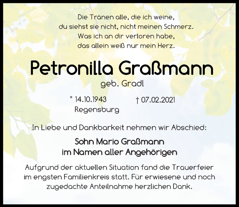  Traueranzeige für Petronilla Graßmann vom 20.02.2021 aus Mittelbayerische Zeitung Regensburg