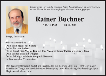Traueranzeige von Rainer Buchner von Mittelbayerische Zeitung Kelheim
