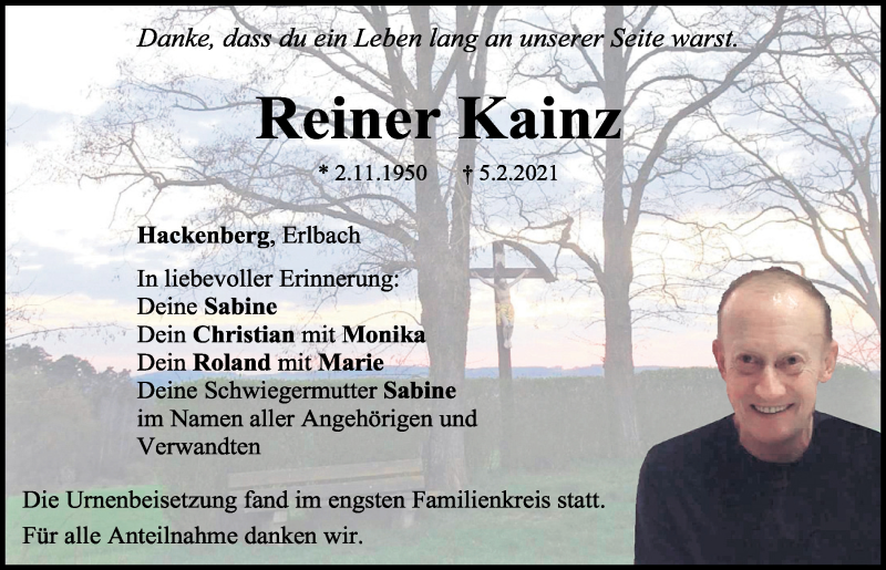 Traueranzeige für Reiner Kainz vom 13.02.2021 aus Mittelbayerische Zeitung Regensburg