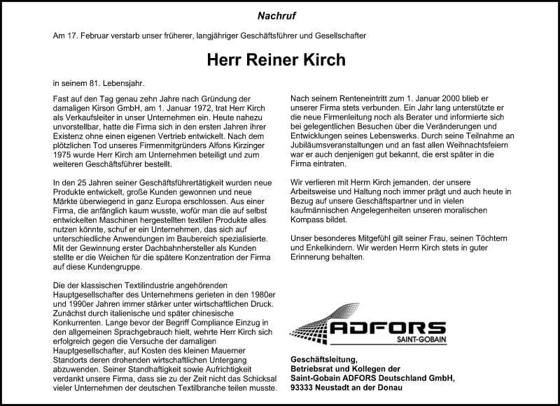  Traueranzeige für Reiner Kirch vom 27.02.2021 aus Mittelbayerische Zeitung Kelheim