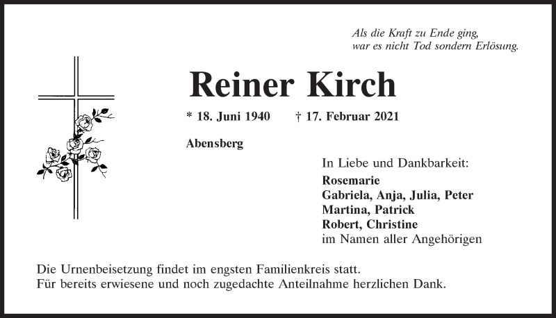  Traueranzeige für Reiner Kirch vom 23.02.2021 aus Mittelbayerische Zeitung Kelheim