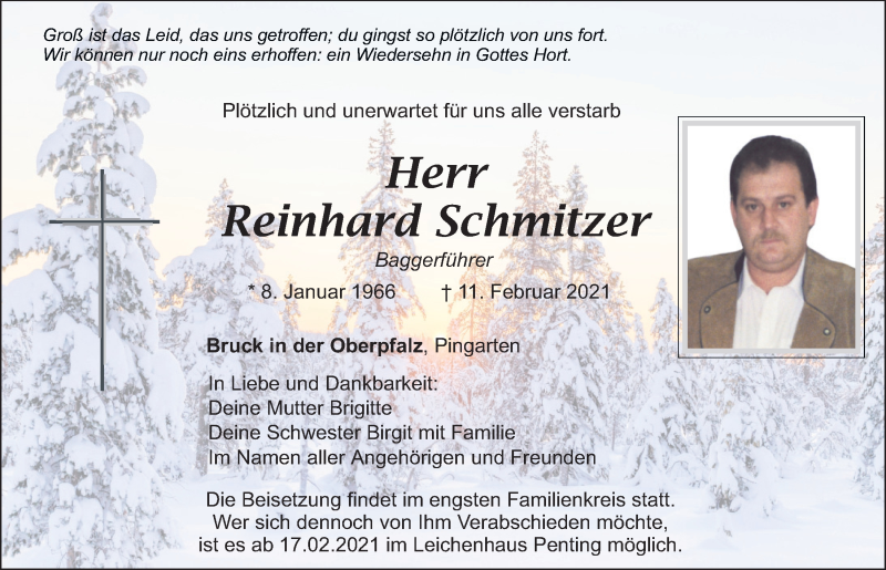  Traueranzeige für Reinhard Schmitzer vom 16.02.2021 aus Mittelbayerische Zeitung Schwandorf