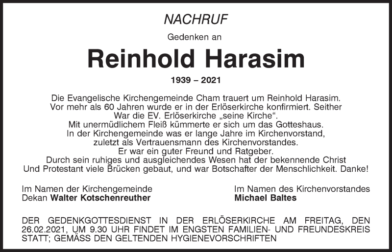  Traueranzeige für Reinhold Harasim vom 25.02.2021 aus Bayerwald Echo