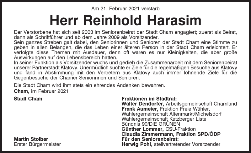  Traueranzeige für Reinhold Harasim vom 25.02.2021 aus Bayerwald Echo