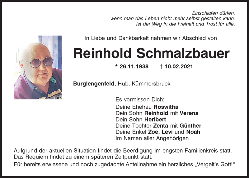  Traueranzeige für Reinhold Schmalzbauer vom 12.02.2021 aus Mittelbayerische Zeitung Schwandorf