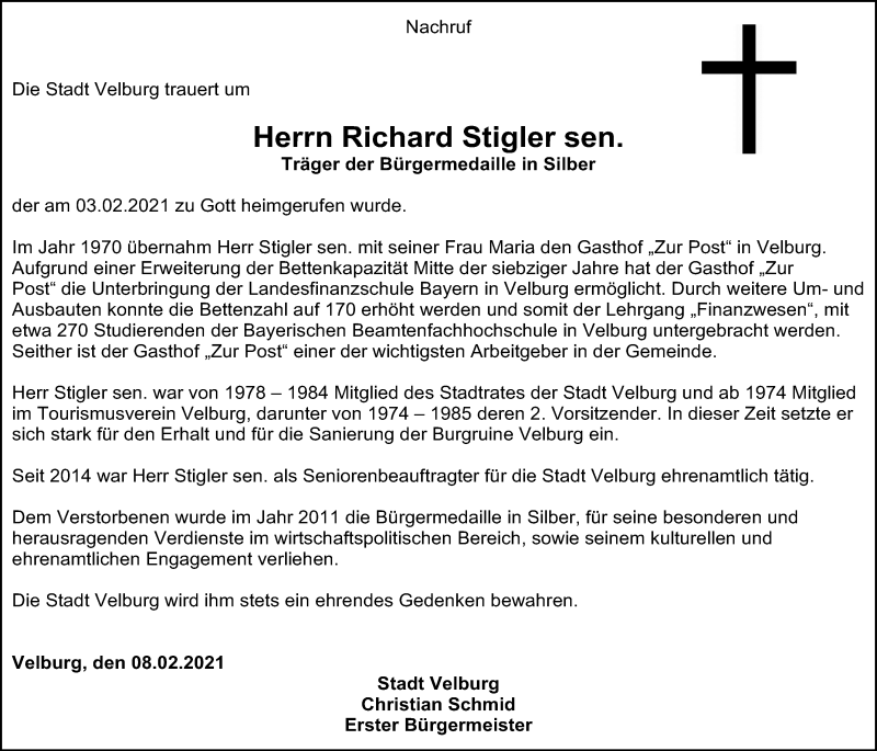  Traueranzeige für Richard Stigler vom 09.02.2021 aus Neumarkter Tagblatt