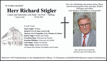 Traueranzeige von Richard Stigler von Neumarkter Tagblatt