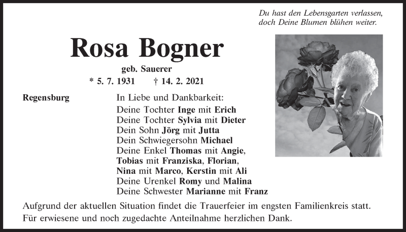  Traueranzeige für Rosa Bogner vom 17.02.2021 aus Mittelbayerische Zeitung Regensburg