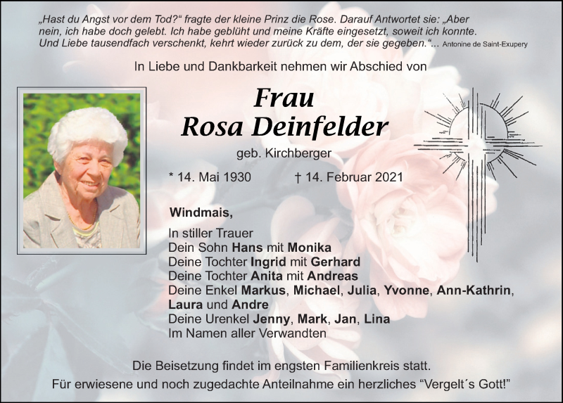  Traueranzeige für Rosa Deinfelder vom 16.02.2021 aus Mittelbayerische Zeitung Schwandorf