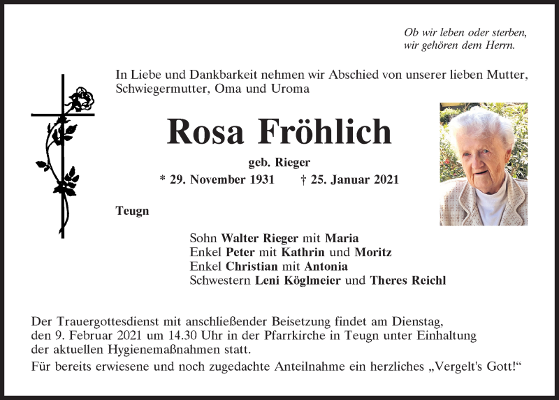  Traueranzeige für Rosa Fröhlich vom 06.02.2021 aus Mittelbayerische Zeitung Kelheim