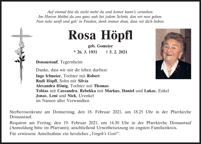  Traueranzeige für Rosa Höpfl vom 13.02.2021 aus Mittelbayerische Zeitung Regensburg