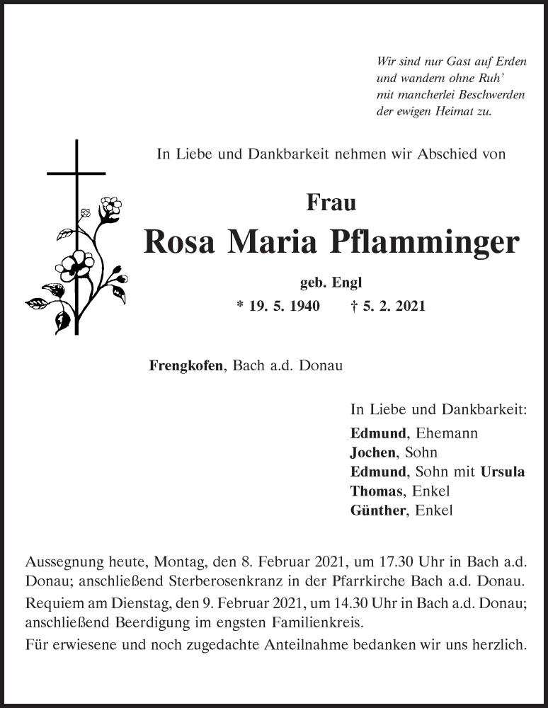  Traueranzeige für Rosa Maria Pflamminger vom 08.02.2021 aus Mittelbayerische Zeitung Regensburg