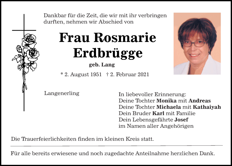  Traueranzeige für Rosmarie Erdbrügge vom 06.02.2021 aus Mittelbayerische Zeitung Regensburg