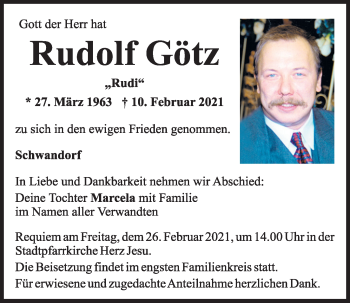 Traueranzeige von Rudolf Götz von Mittelbayerische Zeitung Schwandorf