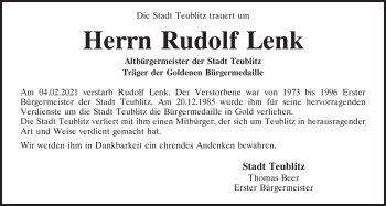 Traueranzeige von Rudolf Lenk von Mittelbayerische Zeitung Schwandorf