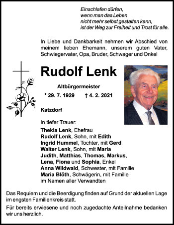 Traueranzeige von Rudolf Lenk von Mittelbayerische Zeitung Schwandorf