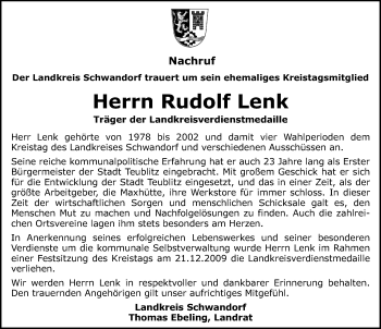 Traueranzeige von Rudolf Lenk von Mittelbayerische Zeitung Schwandorf