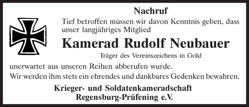  Traueranzeige für Rudolf Neubauer vom 06.02.2021 aus Mittelbayerische Zeitung Regensburg