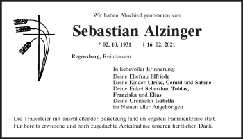 Traueranzeige von Sebastian Alzinger von Mittelbayerische Zeitung Regensburg