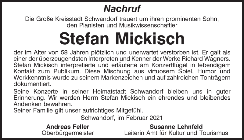  Traueranzeige für Stefan Mickisch vom 27.02.2021 aus Mittelbayerische Zeitung Schwandorf