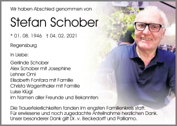 Traueranzeige von Stefan Schober von Mittelbayerische Zeitung Regensburg