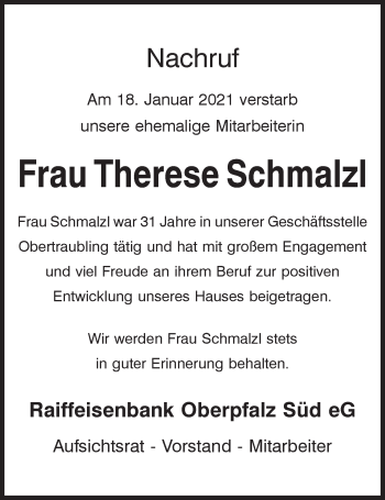 Traueranzeige von Therese Schmalzl von Mittelbayerische Zeitung Regensburg