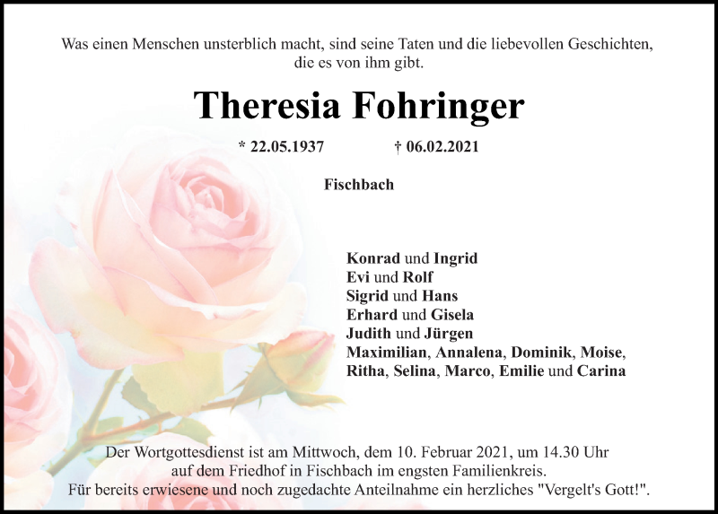  Traueranzeige für Theresia Fohringer vom 09.02.2021 aus Mittelbayerische Zeitung Regensburg