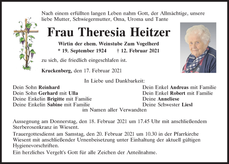  Traueranzeige für Theresia Heitzer vom 17.02.2021 aus Mittelbayerische Zeitung Regensburg