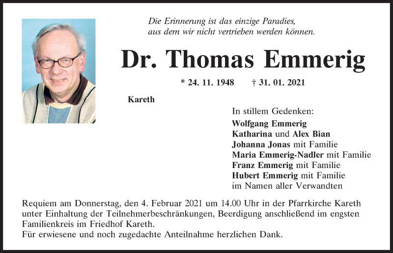  Traueranzeige für Thomas Emmerig vom 03.02.2021 aus Mittelbayerische Zeitung Regensburg
