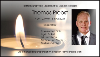 Traueranzeige von Thomas Probst von Mittelbayerische Zeitung Regensburg