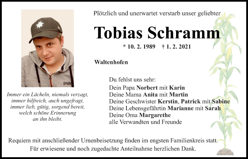  Traueranzeige für Tobias Schramm vom 06.02.2021 aus Mittelbayerische Zeitung Regensburg