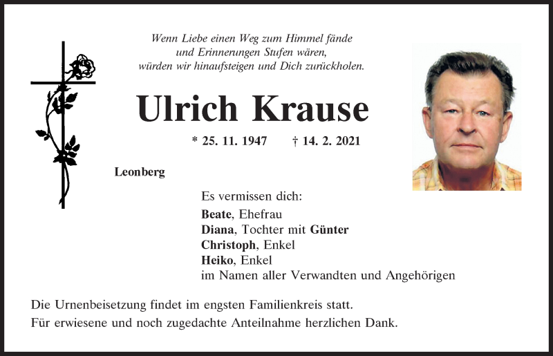  Traueranzeige für Ulrich Krause vom 20.02.2021 aus Mittelbayerische Zeitung Schwandorf