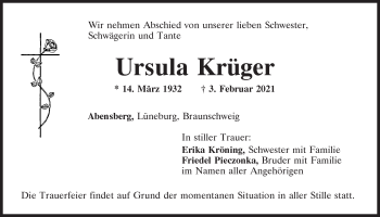 Traueranzeige von Ursula Krüger von Mittelbayerische Zeitung Kelheim