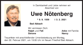 Traueranzeige von Uwe Nötenberg von Mittelbayerische Zeitung Regensburg