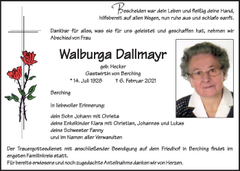 Traueranzeige von Walburga Dallmayr von Neumarkter Tagblatt