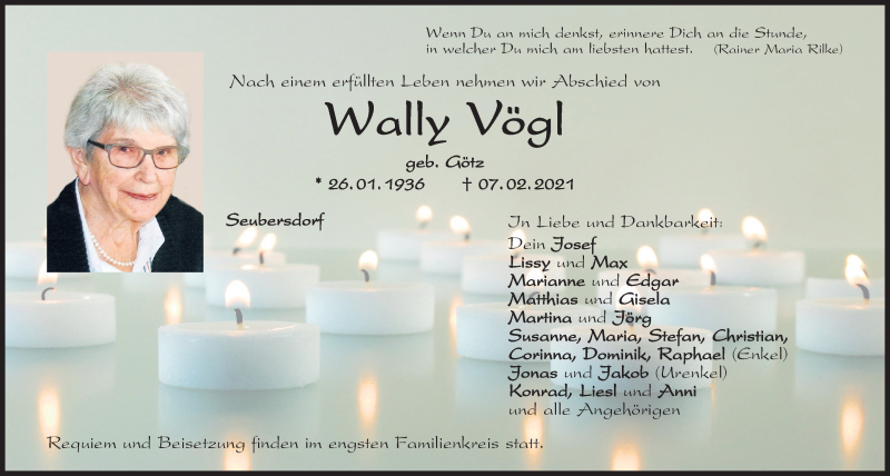  Traueranzeige für Wally Vögl vom 13.02.2021 aus Neumarkter Tagblatt
