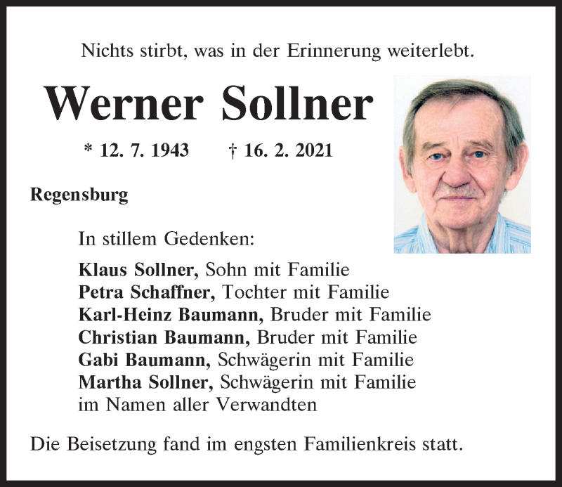  Traueranzeige für Werner Sollner vom 27.02.2021 aus Mittelbayerische Zeitung Regensburg