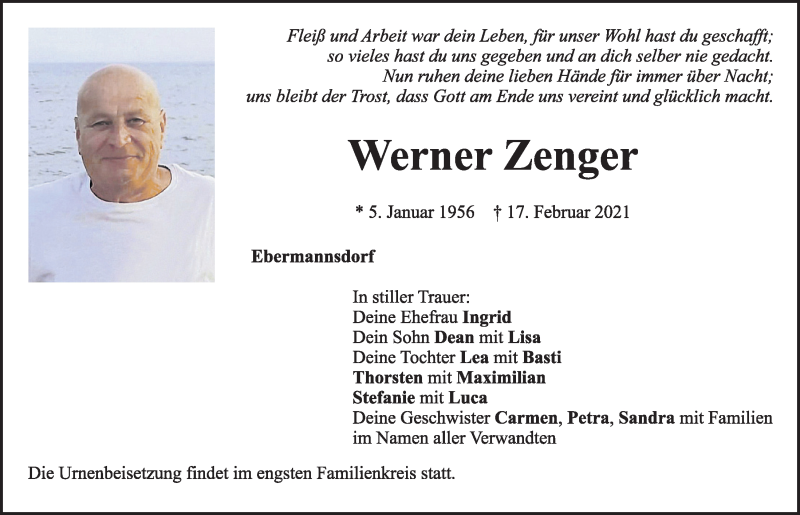  Traueranzeige für Werner Zenger vom 20.02.2021 aus Mittelbayerische Zeitung Regensburg