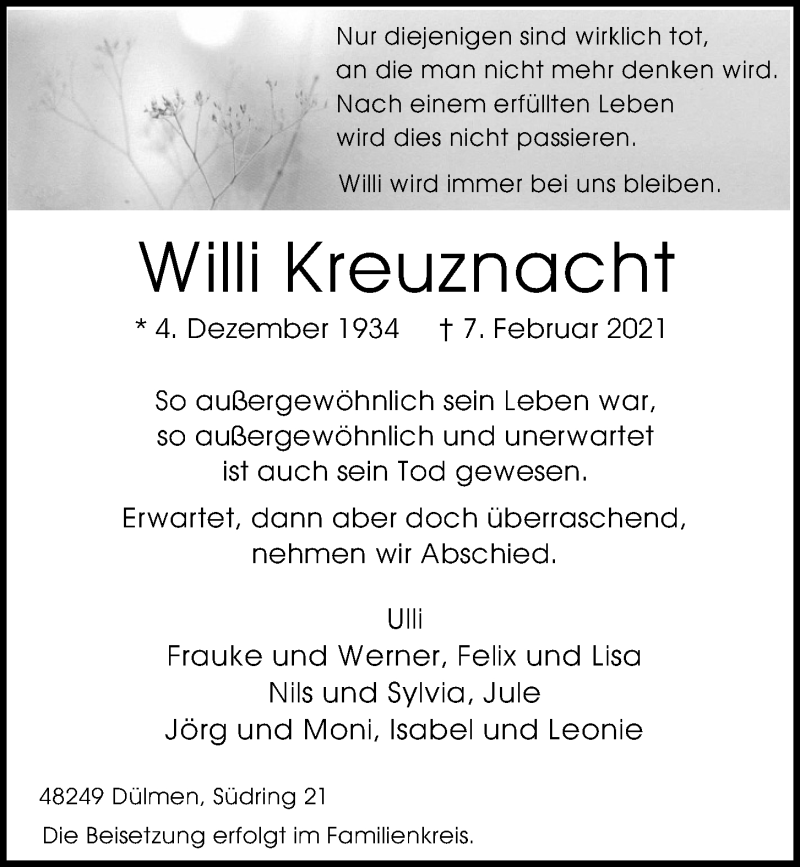  Traueranzeige für Willi Kreuznacht vom 13.02.2021 aus Mittelbayerische Zeitung Schwandorf