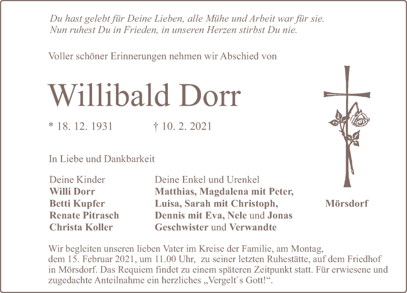  Traueranzeige für Willibald Dorr vom 13.02.2021 aus Neumarkter Tagblatt