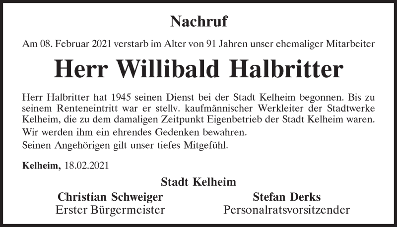 Traueranzeige für Willibald Halbritter vom 18.02.2021 aus Mittelbayerische Zeitung Kelheim