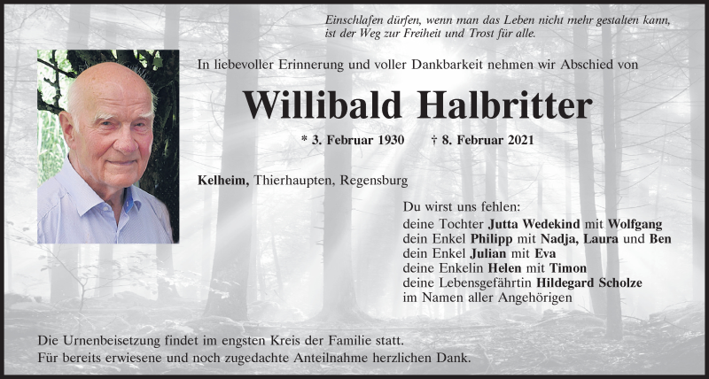  Traueranzeige für Willibald Halbritter vom 12.02.2021 aus Mittelbayerische Zeitung Regensburg
