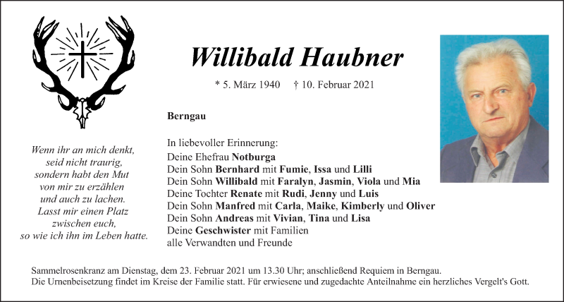  Traueranzeige für Willibald Haubner vom 20.02.2021 aus Neumarkter Tagblatt